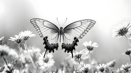 Wall Mural - Black-and-white image of butterfly amidst wildflowers on monochromatic background