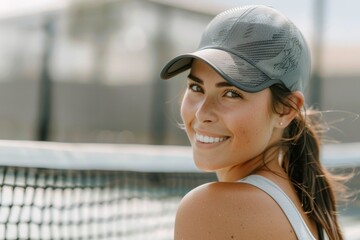 Wall Mural - Young woman stands on top of a tennis court, looking confident and focused