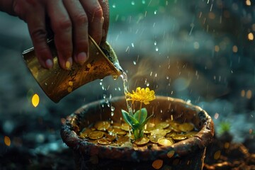 Poster - A woman pours water into a pot, adding a touch of elegance with a nearby flower