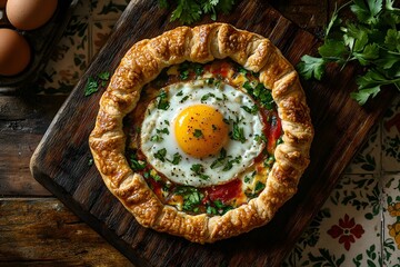 Golden egg baked in a flaky pastry crust with herbs on a wooden board