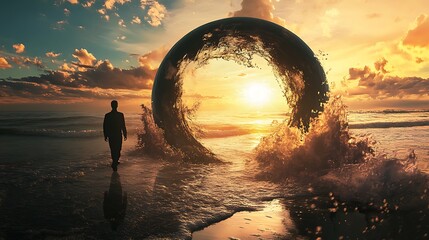 Poster - Silhouette of a man walking towards a giant wave portal at sunset, surreal digital art