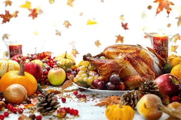 Canvas Print - A roasted turkey on a platter surrounded by vibrant fall leaves, perfect for harvest-themed celebrations or autumn-inspired events