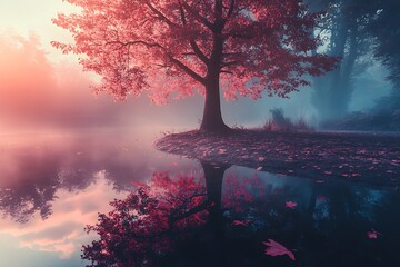 Canvas Print - Pink tree in misty forest reflecting in calm lake at sunrise