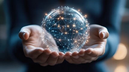 A pair of hands clutching a transparent globe with digital nodes and connections superimposed on it, signifying a global communication network