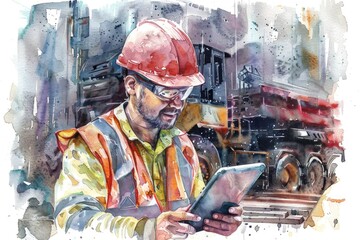 Wall Mural - Worker taking notes on digital tablet at building site