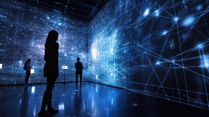 Poster - Silhouettes of people observing a digital art installation with blue glowing lines and dots.