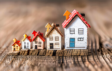 A row of small houses are lined up on a wooden surface. The houses are of different sizes and colors, with one being the tallest and the others being progressively smaller