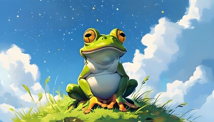 Charming cartoon frog resting on a grassy hill under a serene blue sky adorned with stars and fluffy clouds