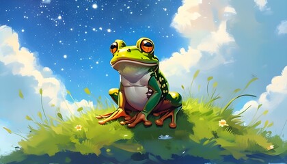 Charming cartoon frog resting on a grassy hill under a serene blue sky adorned with stars and fluffy clouds