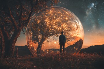 Silhouette of man standing before a giant transparent bubble filled with starry sky and a glowing tree, surreal landscape art