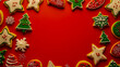 © Nikname - Christmas cookies in various classic shapes (stars, trees, and snowflakes) arranged on a red background, with an empty space in the center for text.