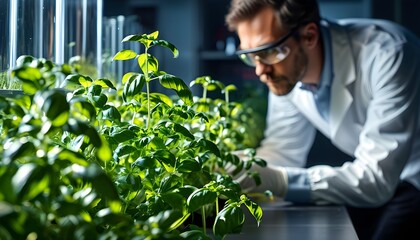 Scientist investigating the health and growth of basil plants in a well-lit laboratory environment