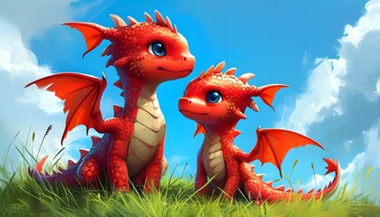 Charming baby dragons with red scales and wings playfully explore a sunny grassy field beneath a vibrant blue sky adorned with fluffy white clouds.