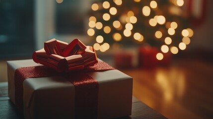 Sticker - A Gift Box with a Red Bow Underneath a Christmas Tree