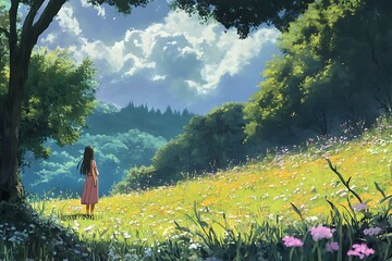 Wall Mural - Woman standing in a meadow with a beautiful view of nature, feeling the peace of nature.