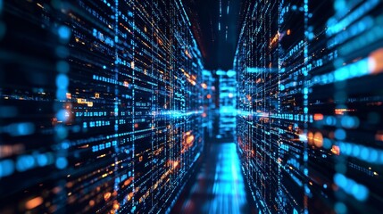 Futuristic data center with glowing binary code and lights