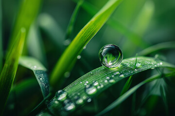 A macro shot of a water droplet on a blade of grass in an ultra-realistic style