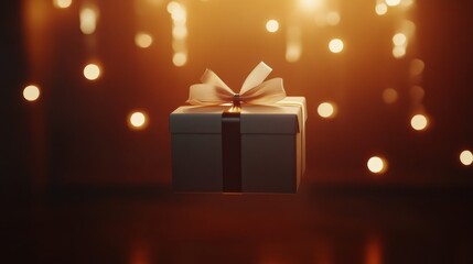 Wall Mural - White Gift Box with Black Ribbon and White Bow Against a Blurred Orange Background with Bokeh Lights