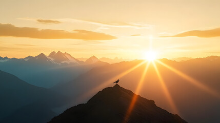 Canvas Print - The sun descends over mountains as a bird rests atop a peak