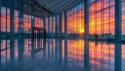 Sunlit modern hall with glass walls and reflective floor exuding a tranquil and welcoming ambiance at sunrise