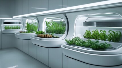 Futuristic food service using seasonal ingredients grown controlled environments that mimic natural seasons ensuring peak freshness and quality yearround depicted in a dynamic futuristic design