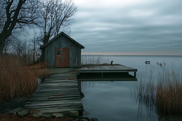 Old wooden cabin on a lake with a wooden dock, moody winter day