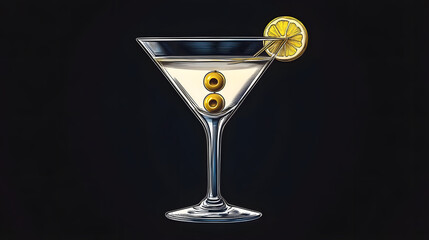 Sticker - A Martini glass with an olive and lemon garnish is depicted in this illustration