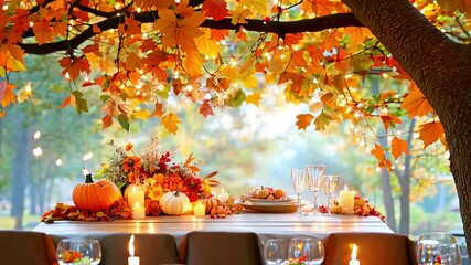 Poster - Autumn Festive Table Setting with Flowers, Candles, Pumpkins, and Glasses Under Tree Lights.Home decor for fall holidays