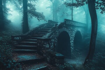 Wall Mural - Mysterious stone bridge in misty forest, fantasy, magical, abandoned, spooky, mysterious, ethereal, mysterious