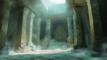 Canvas Print - Ancient Stone Temple Interior with Light Filtering Through an Opening