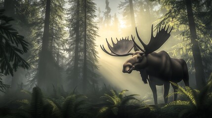 Majestic moose standing in misty forest with sunlight filtering through trees