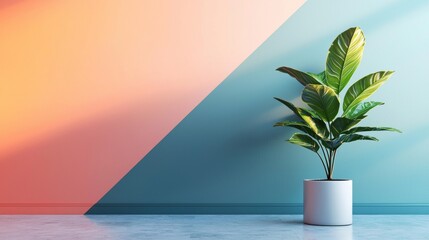 Wall Mural - Minimalist Potted Plant Against Colorful Geometric Wall Background