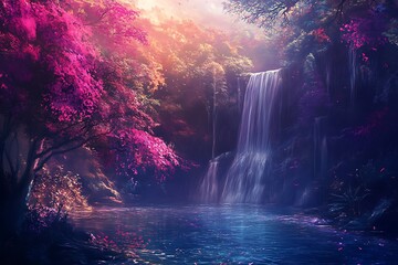 Wall Mural - Magical Fantasy Waterfall Landscape with Pink and Purple Trees