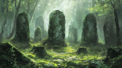 Poster - Stone Pillars in a Misty Green Forest