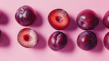 Wall Mural - Plums stacked on pink surface with sliced one