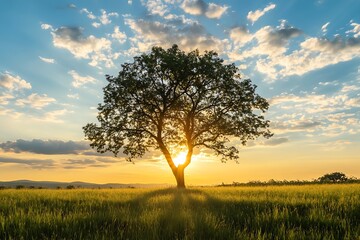 Poster - Silhouette of a tree in a field with sunset sky