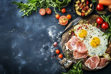 Fried eggs with prosciutto, tomatoes, and herbs on wooden cutting board