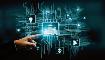 Poster - Internet of Things and Communication Technology Concept - Modern graphic interface showing smart information and digital lifestyle in application software for home and business use. uds