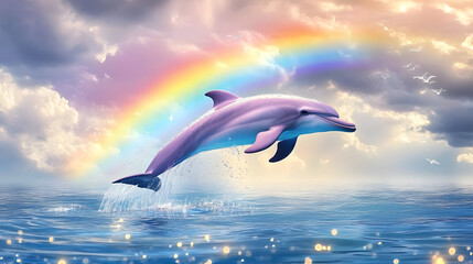 A stunning image captures a playful dolphin leaping from the water as it basks beneath a vibrant rainbow in the sky The tranquil clouds above create a