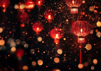 Wall Mural - Red glowing lantern on dark background with bokeh 