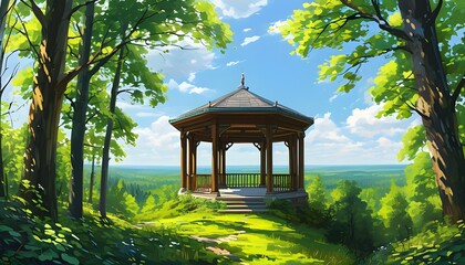 Serene gazebo overlooking a vibrant green forest with towering trees and a clear blue sky