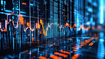 Glowing data grid with complex digital patterns in blue and orange