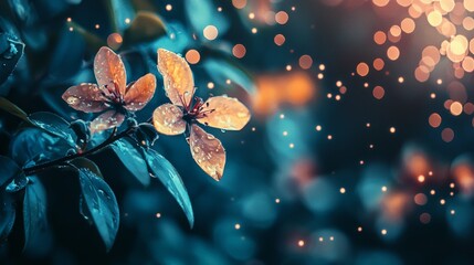 Wall Mural - close-up of raindrops on delicate flowers with soft glowing bokeh lights