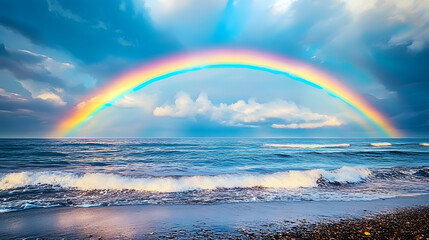 Poster - Rainbow in sky over ocean with beach in foreground and waves in the foreground