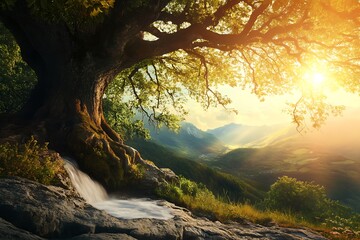 Ancient Tree on Mountainside with Waterfall and Golden Sunset, Nature Scene