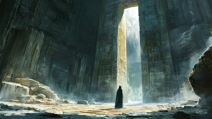 Wall Mural - A lone figure in a hooded cloak stands at the entrance of a mysterious stone structure.