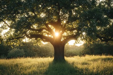 Wall Mural - Sunrise behind a large oak tree in a field, golden hour