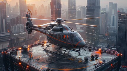 A helicopter landing on the helipad of a skyscraper. Building with a helipad