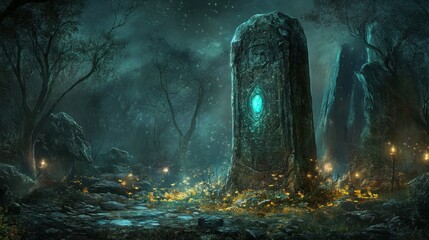 Wall Mural - Mystical Stone Monolith with Glowing Symbol in a Dark Forest