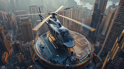 A helicopter landing on the helipad of a skyscraper. Building with a helipad